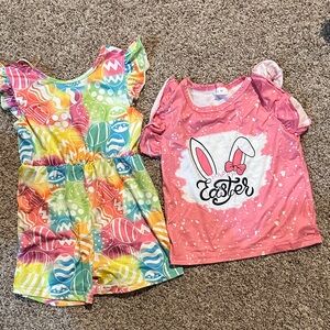 Colorful Easter Romper and Pink Bunny Shirt
